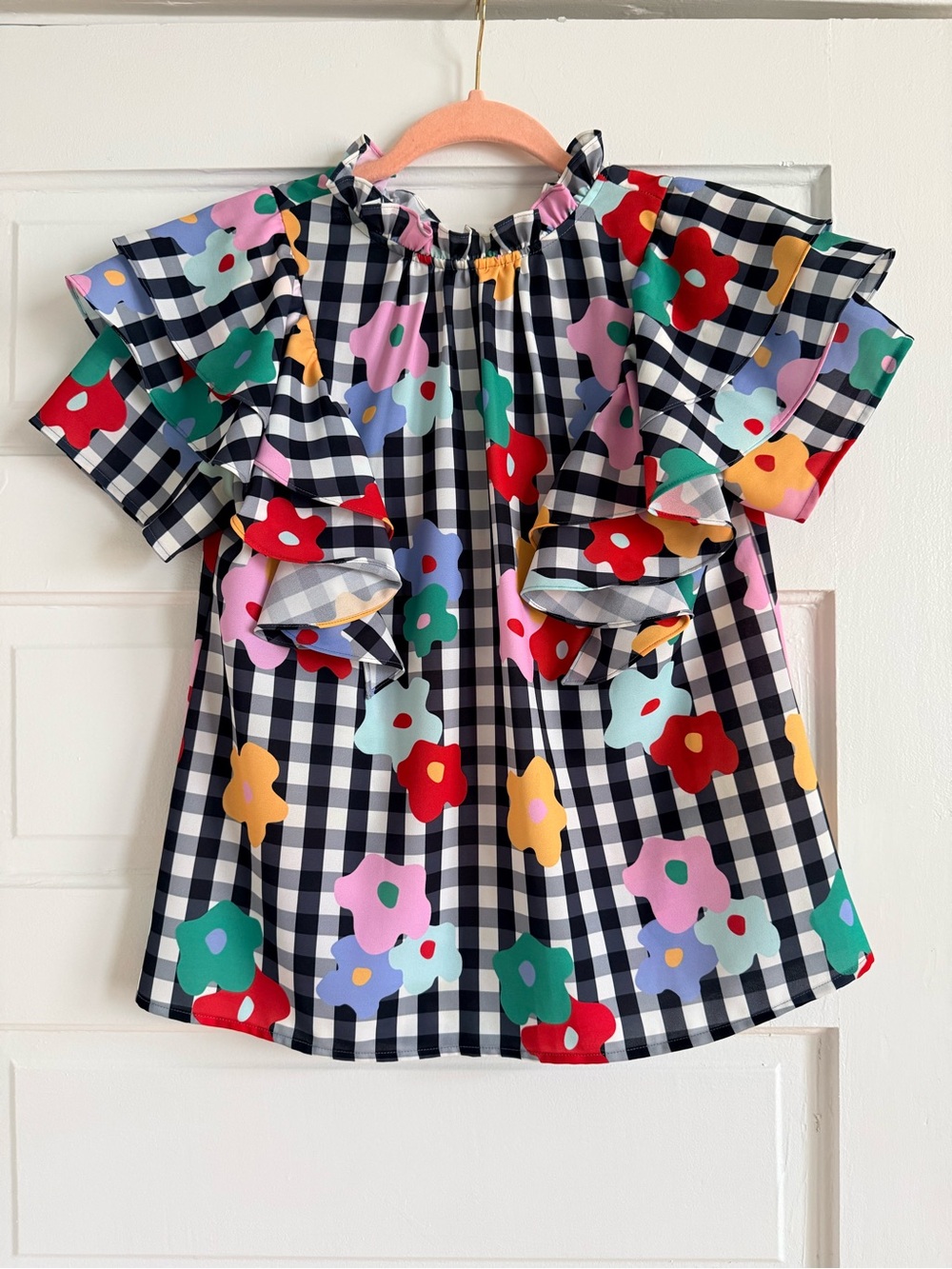 CROSBY by Mollie Burch Black & White Gingham Top with Multicolor Floral Ruffles